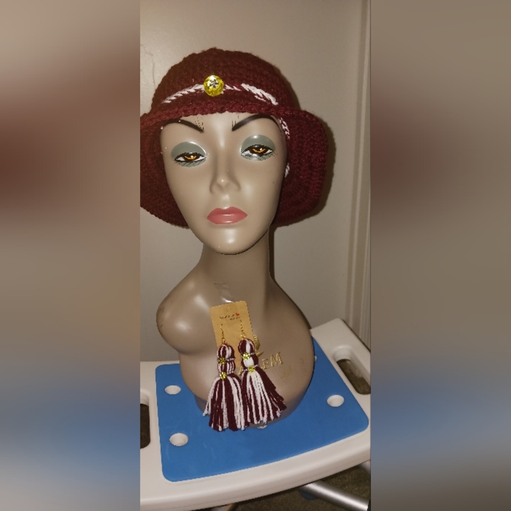 Elegant Maroon Knit Hat with Tassel Earrings